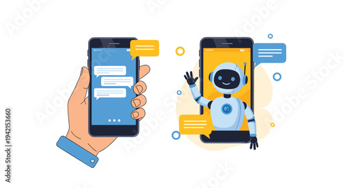 Human hand holds a smartphone to interact with an artificial intelligence chatbot depicted as a friendly robot on a screen.
