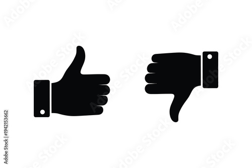 Black thumbs up and thumbs down hand signs on white background, contrasting gestures for approval and disapproval, symbolic vector icons for feedback and opinion, simple yet effective graphics.