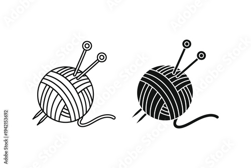 Two black and white vector illustrations of yarn balls with knitting needles on a plain white background for craft and hobby concepts.