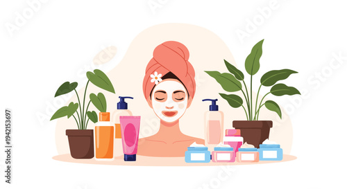 Relaxed woman enjoys a spa day with a white facial mask applied while surrounded by various skin care and beauty products.