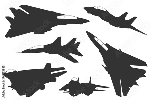 F-14 Tomcat silhouette bundle with multiple vangles. Clean black and white vector pack of fighter aircraft designs. Monochrome interceptor asset jet F14 from united states.