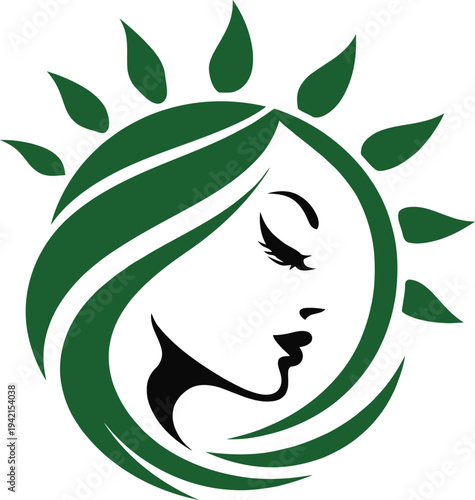 Elegant female face silhouette with leaf elements in circular design representing natural beauty and organic skincare. Perfect for beauty salons, spa centers, herbal cosmetics and wellness brands.