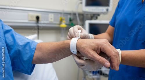 Medical professional securing patient wristband in hospital