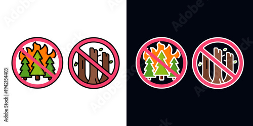 Warning signs prohibiting deforestation on white and dark backgrounds, conveying environmental protection and sustainability