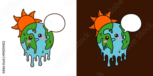 Earth with a melting face and templete blank in bubble depicted on both white and dark backgrounds, conveying a not fun yet thought-provoking message about climate change and environmental 