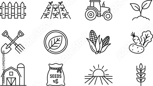 Agriculture and farming line icon set with tractor, crops, barn, seeds, sunrise, corn and gardening tools vector illustration