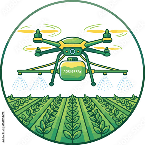 Agricultural drone spraying crops in farmland field vector illustration showing smart farming technology, precision agriculture, crop protection and modern agri tech concept