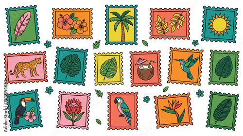 Tropical postage stamp collection with animals plants and fruits travel concept