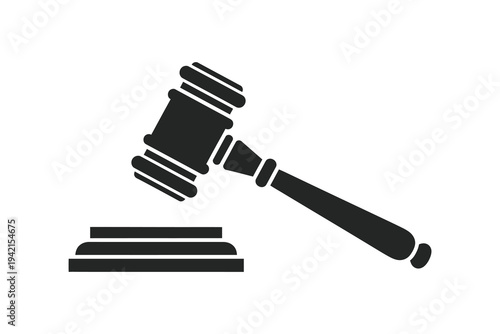 Black vector icon of a judge's gavel and sound block, symbolizing law, justice, and courtroom proceedings in a simple, flat design.