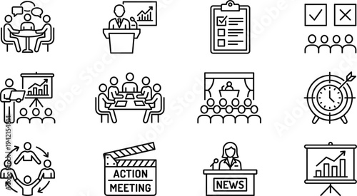 Business meeting and teamwork line icon set with presentation, conference, checklist, target goal, news briefing and corporate collaboration symbols vector illustration