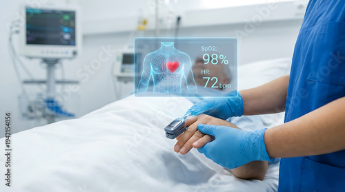 Healthcare professional monitoring patient's vital signs with advanced medical technology in hospital