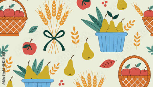 Autumn Harvest Pattern, Rustic Apples Pears Wheat Fall Illustration.