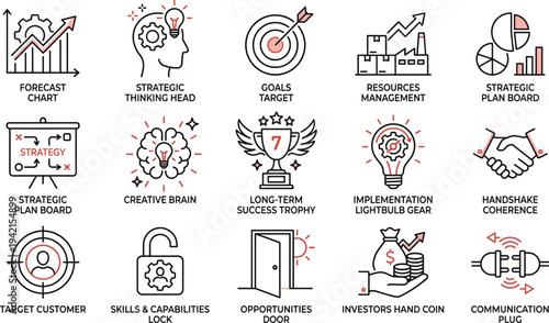 Business strategy and planning icon set with goals target, growth chart, strategic thinking, resources management and investment success symbols vector illustration