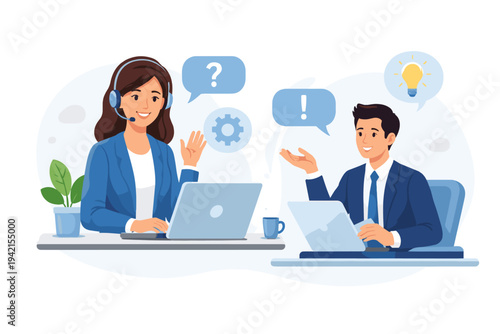 Customer Support Representative with Headset Assisting a Businessman Online, Professional Call Center Agent Providing Technical Help and Problem Solving Solutions, Flat Vector Illustration