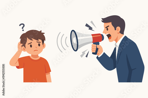 Vector Illustration of an Angry Adult Man Shouting Through a Megaphone at a Confused and Sad Young Boy, Concept of Negative Influence, Propaganda, Verbal Abuse, and Communication Breakdown.