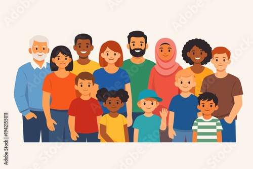 Diverse Group of Multiethnic and Multiracial People Including Men, Women, Children, and Seniors, Representing Community, Inclusion, and Global Unity, Simple Flat Vector Illustration Design