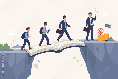 Vector Illustration of a Man's Journey from Student to Successful Businessman, Walking Across an Open Book Bridge to Reach Career Goals, Wealth, and Achievement Through Education and Learning
