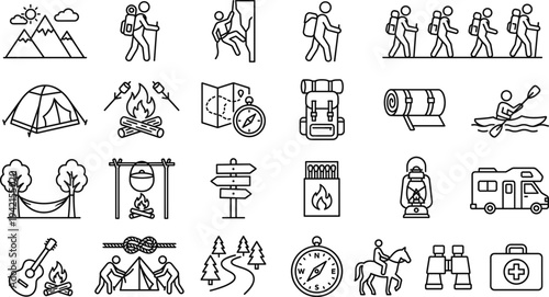 Camping and Outdoor Adventure Line Icon Set with Hiking, Tent, Campfire, Backpack, Compass, Caravan and Nature Exploration Symbols