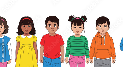 Six diverse cartoon children, shown from the waist up, stand in a straight line with varied colorful clothing against a plain white background.