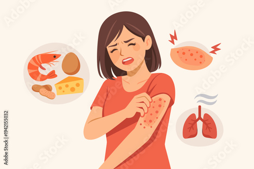 Woman suffering from food allergy symptoms scratching itchy red skin rash on arm with icons of common allergens like shrimp, eggs, peanuts, cheese and respiratory issues. Flat vector illustration.