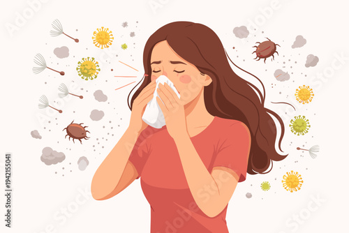 Vector Illustration of a Woman Sneezing into a Tissue due to Seasonal Allergies, Hay Fever, and Dust Mites. Female Character Suffering from Pollen, Bacteria, and Viruses in the Air. Medical Concept.