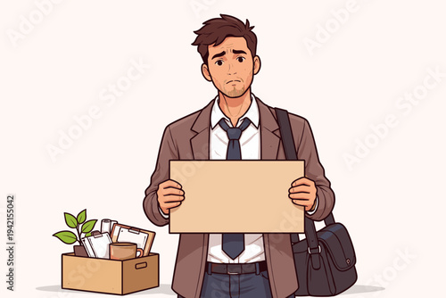 Sad Unemployed Man in Business Suit Holding Blank Cardboard Sign for Job Search Message, Standing Next to Box of Office Belongings After Being Fired or Laid Off, Flat Vector Illustration Concept