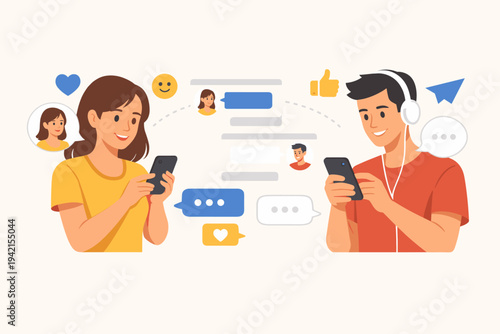 Young woman and man chatting via mobile app, using smartphones for social media communication and online dating, flat vector illustration of digital connection with chat bubbles and icons.