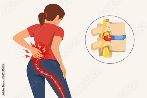 Vector Illustration of a Woman Suffering from Lower Back Pain and Sciatica Caused by a Herniated Disc, Showing Nerve Compression in the Spine and Radiating Pain Down the Leg, Hip, and Lumbar Region.