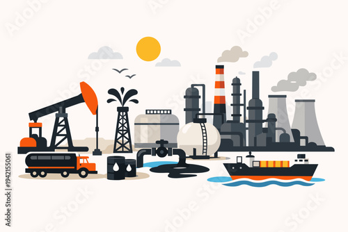 Flat vector illustration of the crude oil industry and refinery featuring an oil rig, pump jack, tanker truck, cargo ship, storage tanks, and factory chimneys emitting smoke under a bright sun.