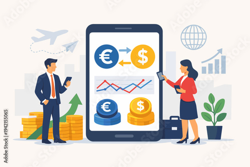 Professional Businesspeople Trading Currencies Online via Mobile App. Euro and Dollar Exchange Rate Analysis on Smartphone Screen. Global Financial Market Investment and Growth Illustration.