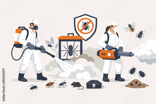Professional pest control team in protective hazmat suits and masks exterminating insects and rodents with chemical spray and fogger equipment. Vector illustration of exterminator service.