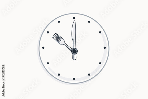Minimalist vector illustration of a clock face in the form of a plate with knife and fork hands. Concept for meal time, lunch break, dinner schedule, intermittent fasting, and nutrition habits.