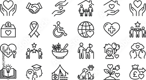 Charity and community support line icon set with donation, healthcare, family care, volunteering, disability support and humanitarian aid symbols vector illustration