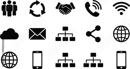 Communication and network glyph icon set with people group, handshake, phone call, wifi, cloud, email and global connection symbols vector illustration