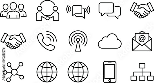 Communication and networking line icon set with handshake, chat bubbles, phone call, cloud connection, smartphone and global network symbols vector illustration