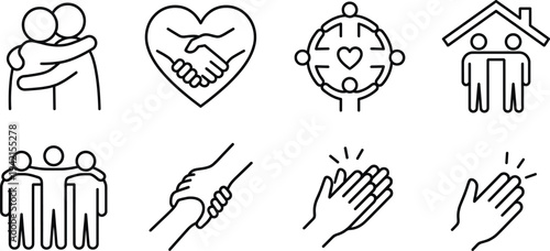Community support and unity line icon set with helping hands, teamwork, family care, partnership handshake and social solidarity symbols vector illustration