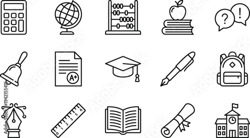Education and school line icon set with calculator, globe, abacus, graduation cap, diploma, backpack and learning tools vector illustration