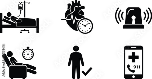 Emergency medical and healthcare glyph icon set with hospital patient, heart monitoring, ambulance siren, emergency call and recovery symbols vector illustration
