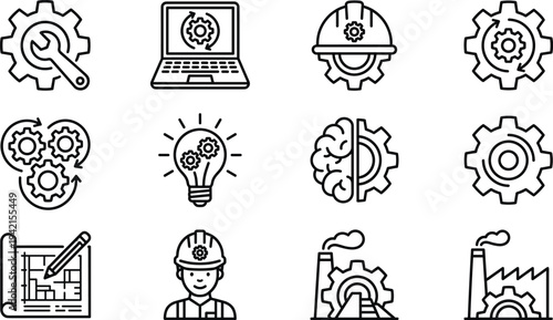Engineering and industrial process line icon set with gears, factory, engineer, blueprint design, innovation idea and mechanical system symbols vector illustration