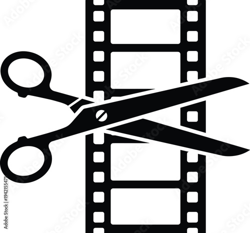 Film editing concept vector illustration with scissors cutting movie strip, cinema production and video editing symbol isolated on white background