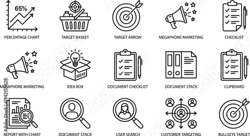 Marketing strategy and business analytics line icon set with target, megaphone promotion, checklist, report chart and customer targeting symbols vector illustration