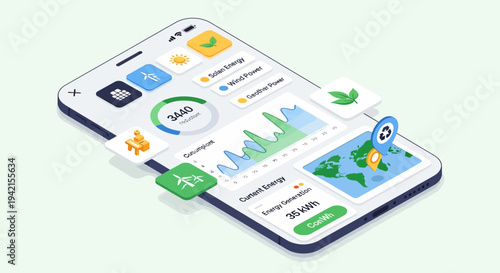 Vector illustration of mobile phone with app interface and graphs