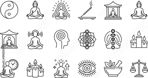 Meditation and spiritual wellness line icon set with yoga, chakra energy, incense, yin yang, third eye and mindfulness symbols vector illustration