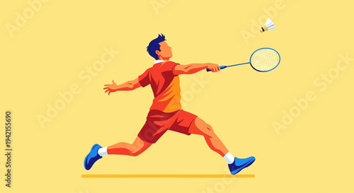 Dynamic male badminton player in action during a competitive match.