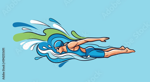 Dynamic illustration of a swimmer in motion with vibrant water splashes.
