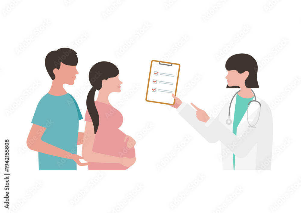 Fototapeta premium チェックリストを持つ女医と妊婦夫婦の診療のベクターイラスト素材（女医左向き）