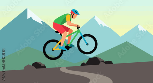 Mountain biker in mid air performing a jump on a trail.
