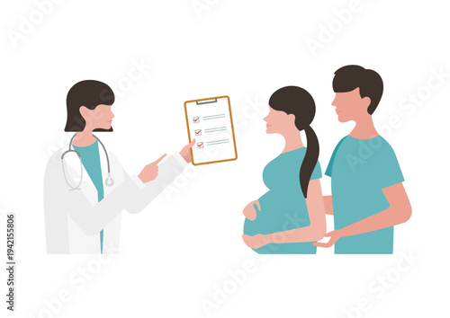 チェックリストを持つ女医と妊婦夫婦の診療のベクターイラスト素材（女医右向き）