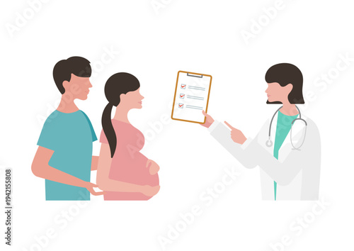 チェックリストを持つ女医と妊婦夫婦の診療のベクターイラスト素材（女医左向き）