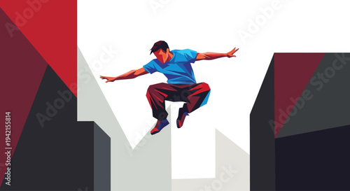 Dynamic male parkour athlete mid-air jump.